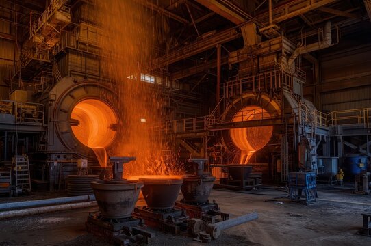 Molten metal flows from furnace into crucibles in industrial smelting hall