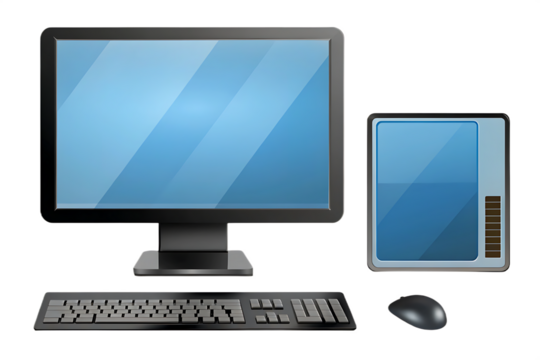 Desktop computer with keyboard and mouse isolated on a transparent background
