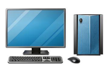 Desktop computer with monitor keyboard mouse isolated on a transparent background