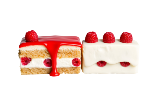 Delicious Raspberry Cakes with Red Glaze, Cream, and Fresh Berries
