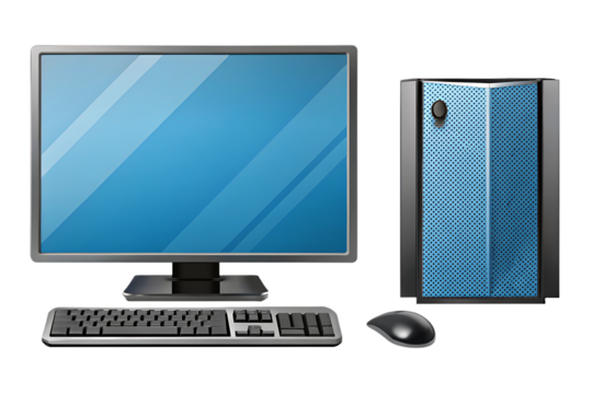 Desktop computer with monitor keyboard mouse isolated on a transparent background