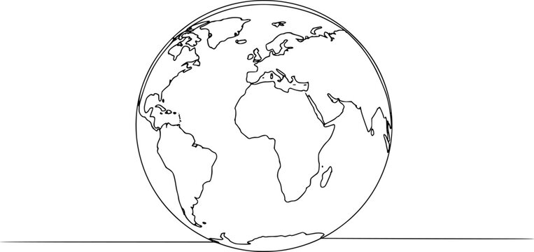 Continuous one line art drawing of earth planet, Globe, geography vector outline, Single line illustration of world map