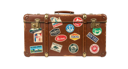 Vintage suitcase covered in travel stickers isolated on transparent background