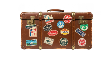 Vintage suitcase covered in travel stickers isolated on transparent background