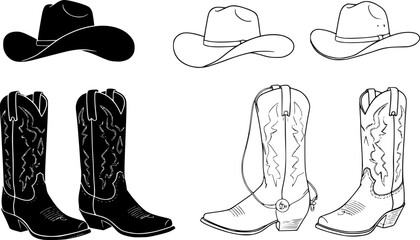 Cowboy boots and western hat, Set of rodeo cowboy Silhouette,Vector illustration. Cowboy boot line art isolated on white background