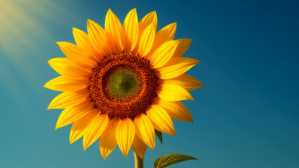 Obraz premium Single bright yellow sunflower with a green center against a clear blue sky with sun rays bloom blossom