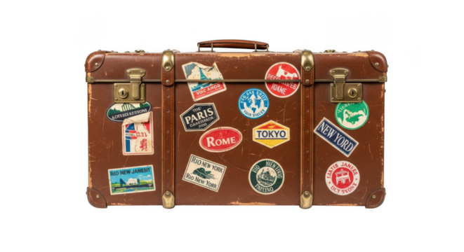 Vintage suitcase covered in travel stickers isolated on transparent background