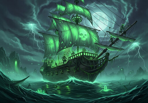 Ghostly pirate ship with skeletons sailing under a full moon
