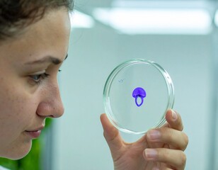 Microbiology Observation: A diligent scientist intensely observes a petri dish containing a small, vibrant sample, embodying dedication to scientific exploration.