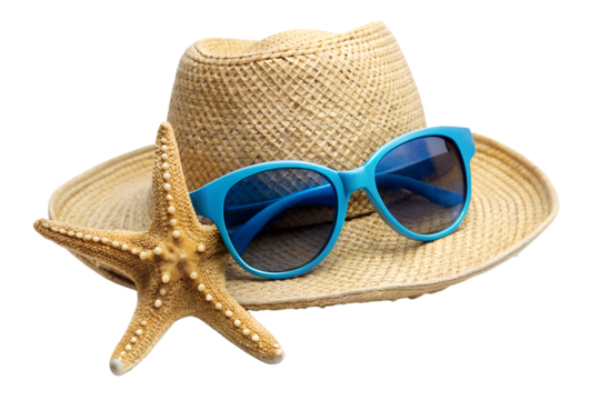 Straw hat with blue sunglasses and starfish isolated on transparent background for summer vacation concept - Powered by Adobe