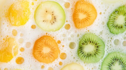 Fototapeta premium Sliced fruits in frothy liquid, overhead view, showcasing texture and vibrant colors