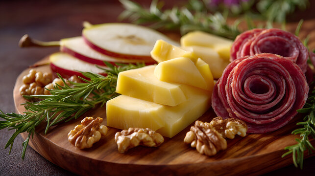 Artistic arrangement of cheese, pear slices, salami roses, and walnuts on a rustic wooden serving board.
