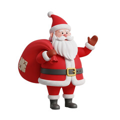 3d icon of santa claus waving and carrying a sack of gifts, isolated on transparent background