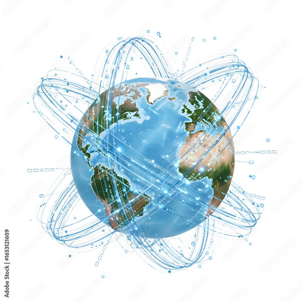 Aufkleber 3d icon of a vibrant globe showing continents with a digital network of light trails orbiting around