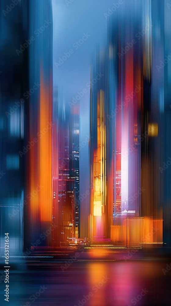 Poster abstract urban cityscape at dusk with motion blur capturing modern building architecture and street 