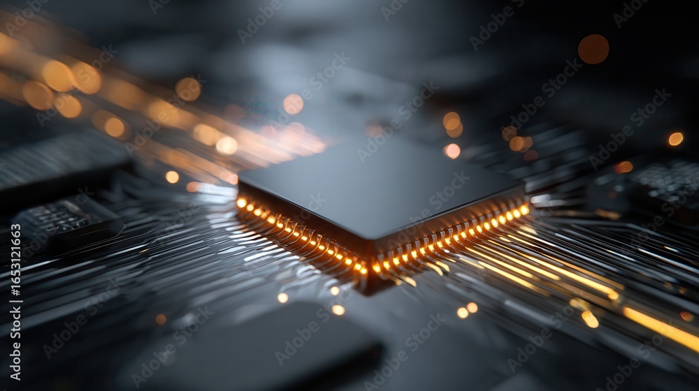 Poster artificial intelligence chip with glowing data streams. concept of modern technology.
