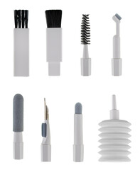 Accessories for cleaning household appliances, various brushes, on a white background