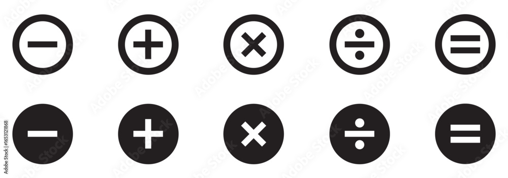 Poster calculator, math icon. plus, minus, multiply, equal and divide sign with circle design. basic mathem