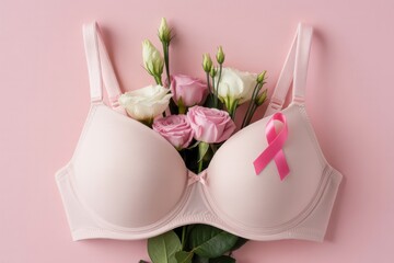 Pink bra with flowers and ribbon for breast cancer awareness concept