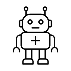 A robot is standing on a white background. The robot has two arms and two legs. The robot is facing the right. Editable Stroke.