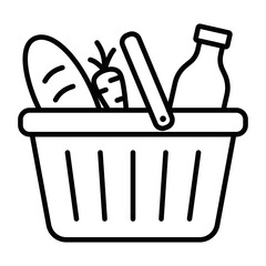 A basket of vegetables and a bottle of milk. The basket is full of carrots and other vegetables. Editable stroke.