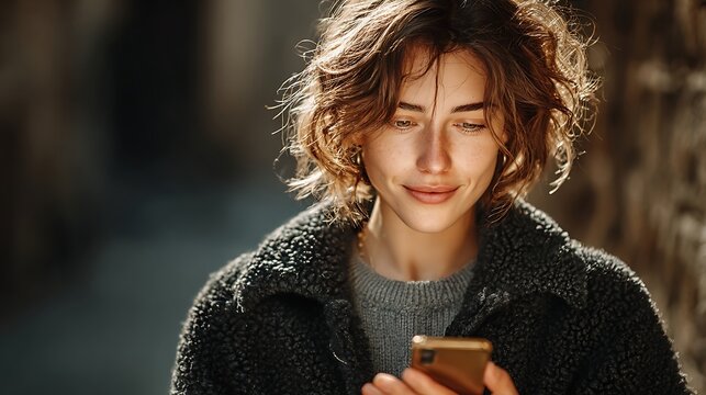 A woman with short, curly brown hair wearing a black coat and a gray sweater, holding a smartphone in her right hand, looking at it with a smile. - Powered by Adobe