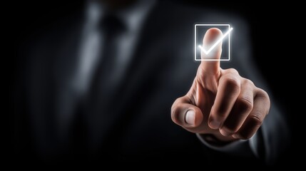 Businessman Gently Tapping Digital Check Mark on Invisible Screen