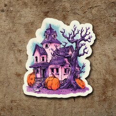 A sticker of purple haunted house surrounded by trees and pumpkins, in a cartoon style