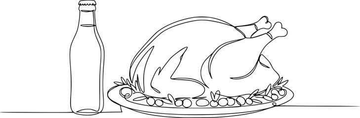 Obraz premium continuous line drawing of roast turkey thanksgiving diner menu.one line drawing of roast turkey with bottled drink.single line vector illustration.isolated white background 