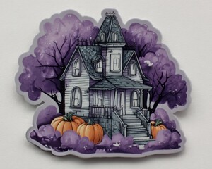 A sticker of purple haunted house surrounded by trees and pumpkins, in a cartoon style