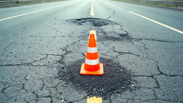 A traffic cone marks a pothole on a deserted road, highlighting road maintenance issues