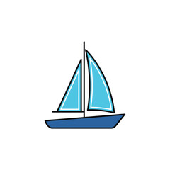 Simple cartoon illustration of a blue sailboat with two light blue sails on a white background, depicting a vessel for water travel.