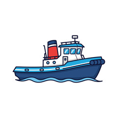 Naklejka premium Cartoon illustration of a blue and white tugboat sailing on the water with red accents.