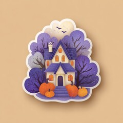 A sticker of purple haunted house surrounded by trees and pumpkins, in a cartoon style