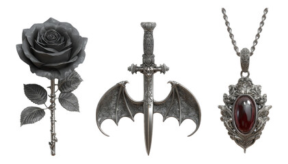 Elegant Silver Objects on Transparent Background Including Rose, Sword, and Pendant