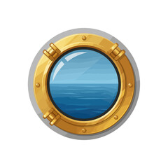 Cartoon illustration of a gold porthole window showing a blue ocean view with gentle waves.
