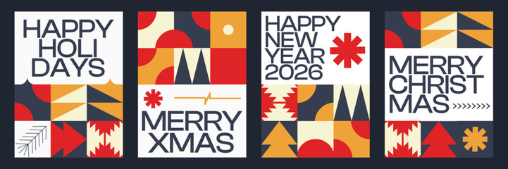 Merry Christmas Vibrant Abstract minimalist style Geometric Pattern with Modern Typography Colorful Festive and Snowflakes Holiday Greeting Background Poster Design