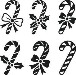 Christmas Candy Cane Silhouette Vector Set with Festive Bows and Holly