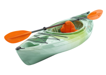 Light green kayak with orange paddles