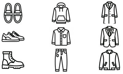 Fashion line art showcasing modern men's apparel and footwear collection