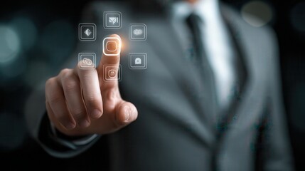 Businessman hand phone with virtual buttons.