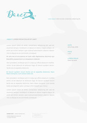 Letterhead: "Dance" logo, dancer silhouette, light blue text, soft gray background dancer, formal layout, professional, clean, bright, inviting, top-down view, text-heavy, elegant design.