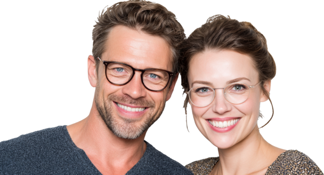 Smiling Couple with Glasses Enjoying a Close Moment Against a Simple Background - Powered by Adobe