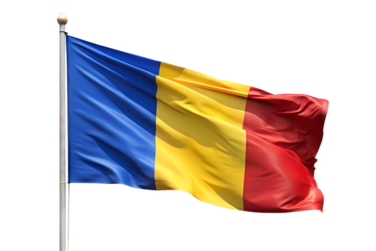 Romanian flag isolated on transparent background, a symbol of national pride and historical significance, waving in the wind