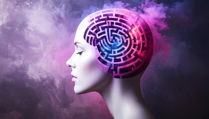 A woman's profile, with a maze design on her head, surrounded by colorful smoke.