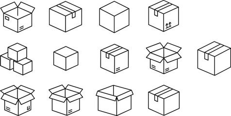 Box icon set with open, closed, taped, and labeled styles, packaging design, shipping container symbol, delivery storage graphic illustration © Hasib World