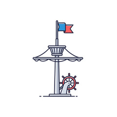 Stylized illustration of a ship's mast with a crow's nest, a ship's wheel, and flags, on a white background.