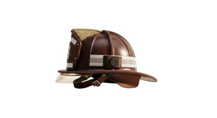 Firefighter helmet with reflective stripes and visor on transparent background  