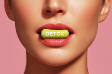 The girl's lips hold a capsule with the inscription "Detox". A symbol of cleansing the body from the inside. The desire for lightness, beauty and renewal.