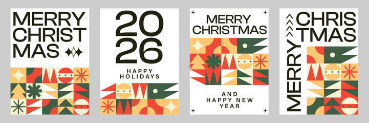 Merry Christmas Vibrant Abstract minimalist style Geometric Pattern with Modern Typography Colorful Festive and Snowflakes Holiday Greeting Background Poster Design